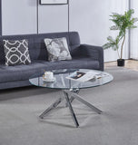 Hallowood Furniture Cullompton Table basse en métal avec plateau en verre, table en verre avec 4 pieds chromés croisés, petite table centrale, table basse ronde pour salon