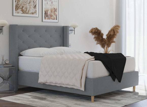 DecoInParis Lit Double en Tissu capitonné Margot (Gris, 180_x_200_cm)