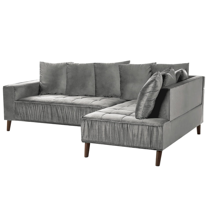 Canapé Moderne en Velours Gris d'Angle Gauche Pieds en Bois d'Eucalyptus Grena