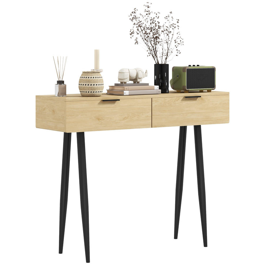 HOMCOM Console Meuble, Table Console, Console entrée Style Nordique, Table d HOMCOM Console Meuble, Table Console, Console entrée Style Nordique, Table d'entrée étroite avec 2 tiroirs et Pieds en Acier, Bout de canapé, pour Salon, entrée, Couloir, chêne