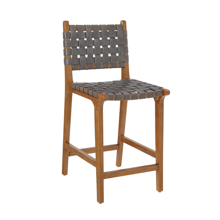 Ball & Cast Tabouret de comptoir tissé avec Dossier, Tabouret de Cuisine en Bois avec siège en Cuir PU, Tabouret de Bar avec Repose-Pieds pour Salle à Manger, Gris foncé