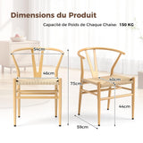 COSTWAY Chaise Wishbone Style Scandinave, Chaises avec Cadre en Métal, Dossier en Y, Assise Tressée, Chaise Design pour Salle à Manger, Salon, Bureau (Naturel,4)