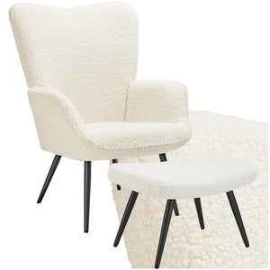 TecTake® Fauteuil Salon Confortable & Tabouret en Tissu bouclé Fauteuil Scandinave Moelleux avec Accoudoirs Chaise Ergonomique pour Salle à Manger, Chambre, Siege Bureau, Allaitement - Crème/Noir