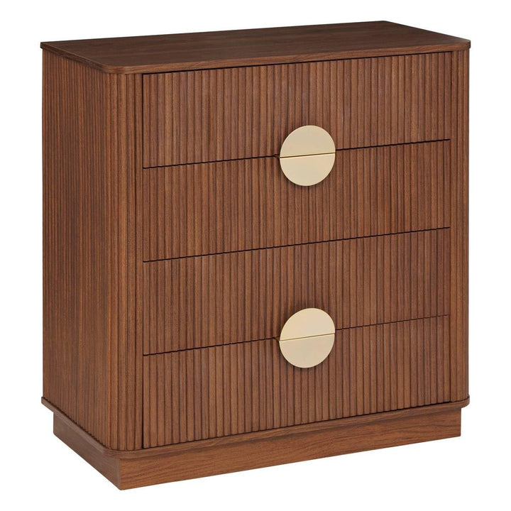 Atmosphera - Commode Wany – 4 Tiroirs Effet Noyer – Meuble de Rangement Design avec Façades Cannelées et Poignées Dorées – Bois Marron – 80x40cm Atmosphera - Commode Wany – 4 Tiroirs Effet Noyer – Meuble de Rangement Design avec Façades Cannelées et Poignées Dorées – Bois Marron – 80x40cm