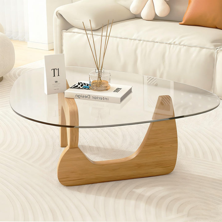Table basse triangulaire en verre, table d'appoint vintage moderne, base en bois massif et dessus en verre transparent, pour salon, terrasse