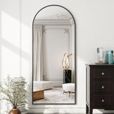 Koonmi Miroir sur pied avec dessus bombé, 171 x 76 cm, miroir arqué, avec verre robuste, miroir complet monté au mur, appuyé ou à placer librement avec pince, noir