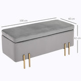 HOMCOM Banc de Rangement Coffre de Rangement Design Contemporain- Banc avec Espace de Stockage - dim. 100L x 40l x 42H cm - Velours Gris Clair piètement métal doré
