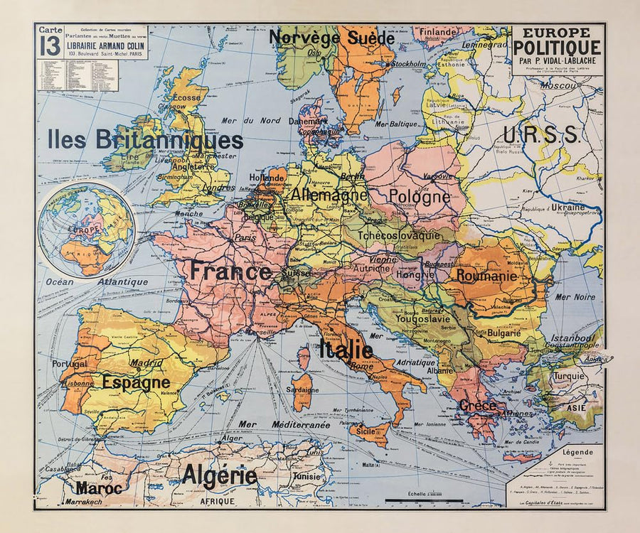 Carte Vidal Lablache N° 13 - EUROPE POLITIQUE - 120 x 100 cm (reproduction ancienne carte scolaire) - Bâche 340 g/m²