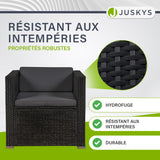 Juskys Salon de Jardin en polyrotin Lounge Punta Cana L, résistant aux intempéries - avec canapé, Fauteuil, Tabouret, Table & Coussins - 4-5 Personnes - Ensemble de Meubles de Jardin Noir/Gris