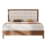 LUXOAK Lit en Bois de pin Massif 160 x 200 cm avec tête de lit rembourrée, lit en Bois pour Chambre à Coucher ou Chambre d'amis, Housse en Lin, Aspect Noyer