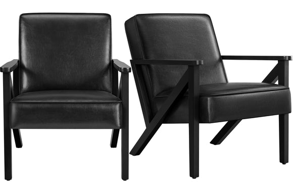 Yaheetech Fauteuil de Salon Lot de 2 en Similicuir Fauteuil d’appoint avec Cadre en Bois Pieds et Accoudoirs en Forme de Z Siège de Bureau Chambre Réception Noir