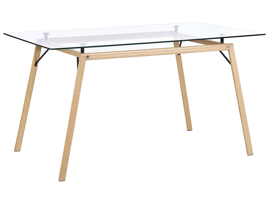 Table de Salle à Manger Design 140 x 80 cm Plateau en Verre de Sécurité et Pieds Métalliques Effet Bois pour Intérieur Moderne et Scandinave Beliani