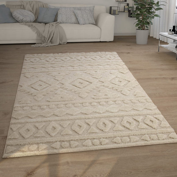 Paco Home Tapis Poils Longs Tapis De Salon Tapis Shaggy Aspect 3D Ethnique Boho Look Vintage Doux, Dimension:160x220 cm, Couleur:Crème 6