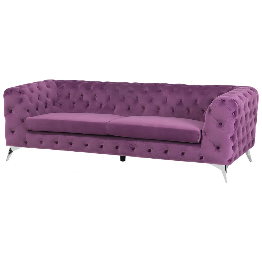 Beliani Canapé Fixe 3 Places Capitonné en Velours Violet de Qualité Idéal pour Salon au Design Glamour et Traditionnel