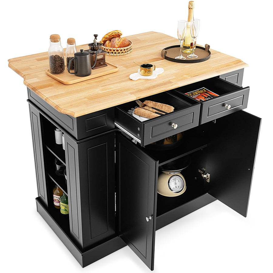 COSTWAY Ilot Central Cuisine Comptoir en Bois d COSTWAY Ilot Central Cuisine Comptoir en Bois d'Hévéa Pliable, Étagères Réglables à 3 Niveaux, Desserte de Cuisine de Service avec Tiroirs, Supports Latéraux et 2 Portes, 61 x 120 x 92 cm, Noir