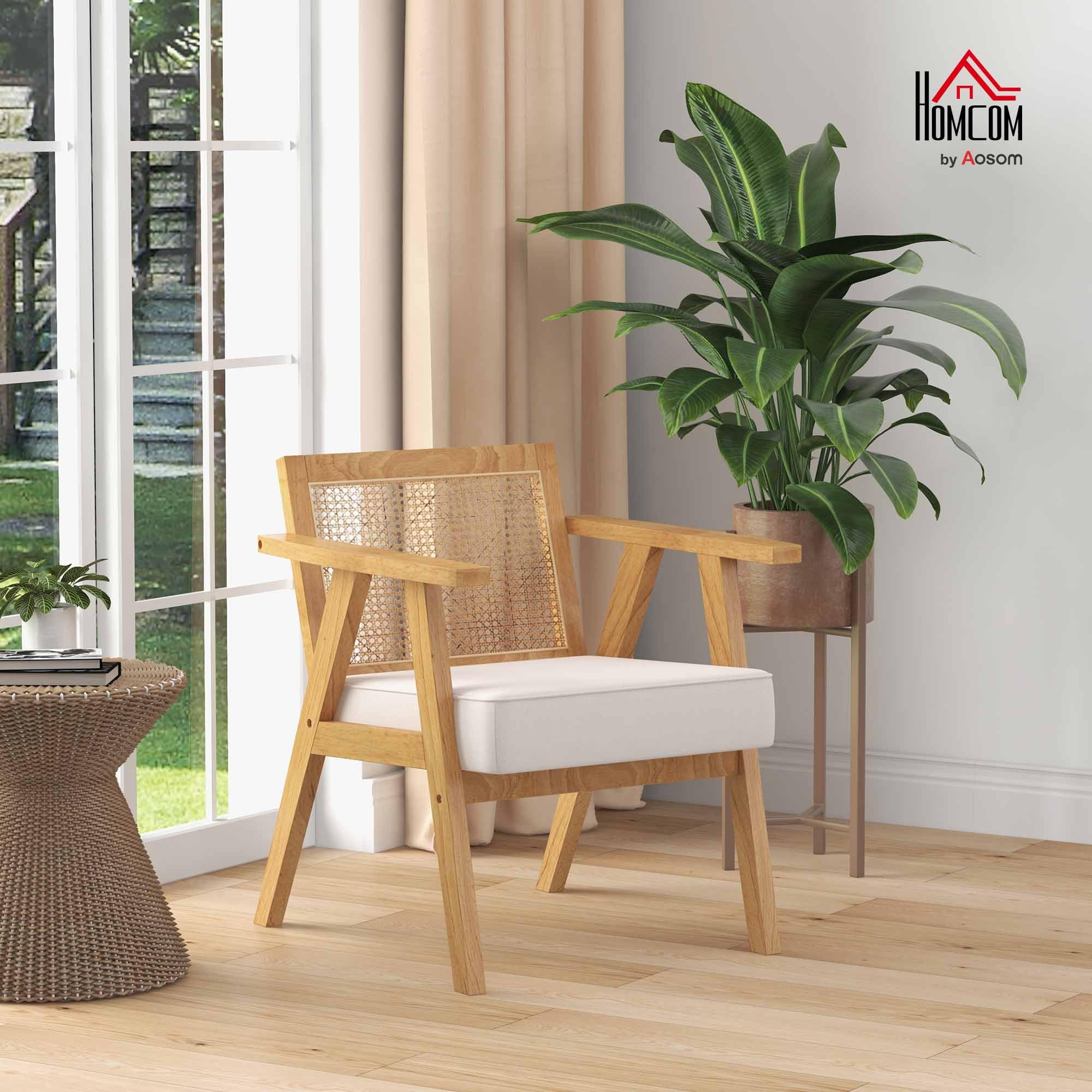 HOMCOM Fauteuil de Salon Confortable, Chaise en rotin avec Dossier en cannage, Coussin épais, Assise Profonde, Structure en Bois hévéa Tissu Aspect Lin Beige