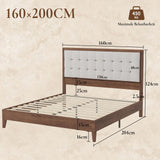 LUXOAK Lit en Bois de pin Massif 160 x 200 cm avec tête de lit rembourrée, lit en Bois pour Chambre à Coucher ou Chambre d'amis, Housse en Lin, Aspect Noyer