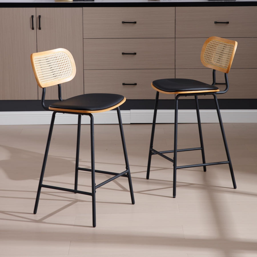 chairus Chaise Bar Cuisine avec Dossier en Rotin Lot de 2 Tabourets de Bar en Cuir Synthétique Modern Chaise Haute sans Accoudoirs (Noir)