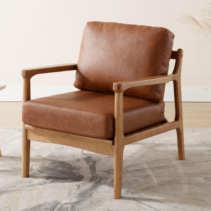 Wahson Fauteuil Salon Confortable Fauteuil Scandinave en Bois Fauteuil en Cuir PU, Fauteuil Loisir Moderne pour Salon et Chambre, Marron