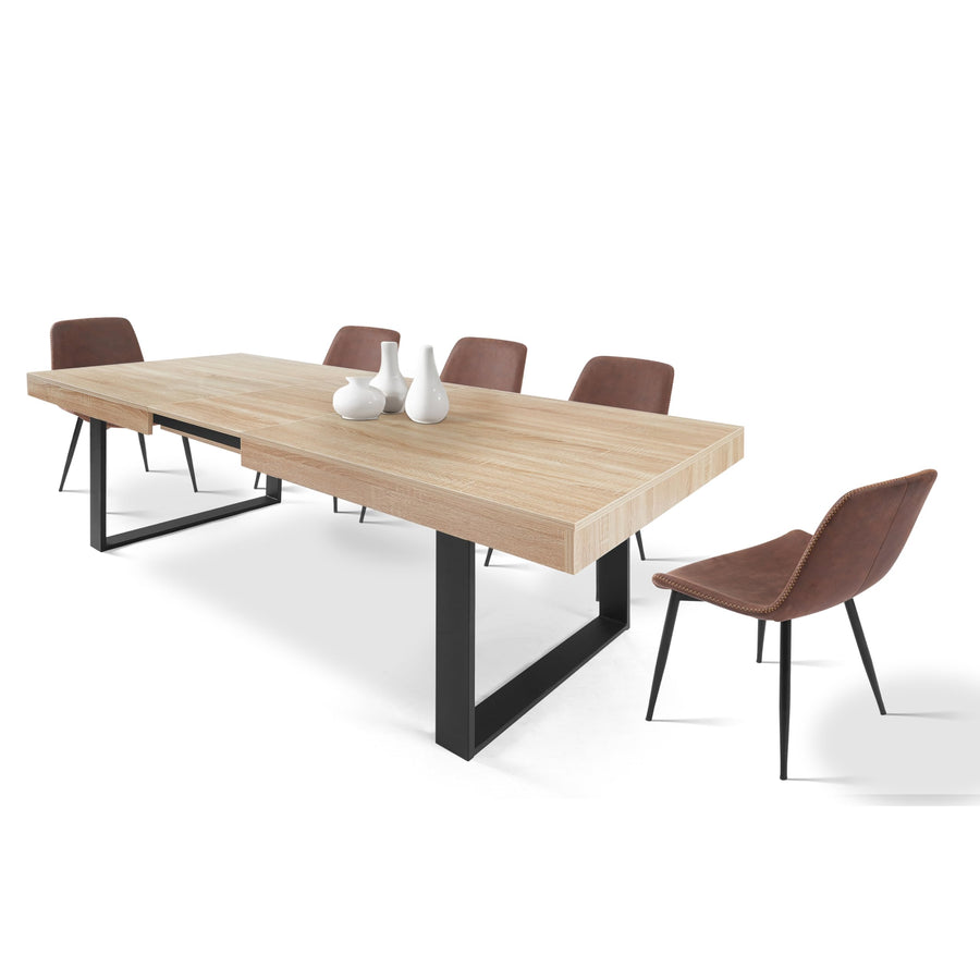CASABEL - Table à Manger Extensible avec Rallonge - Grande Capacité - Style Industriel - Plateau de 160 à 200 cm - 6 à 8 Personnes - Pieds en métal - Salle à Manger, Cuisine - Bois Clair et Noir