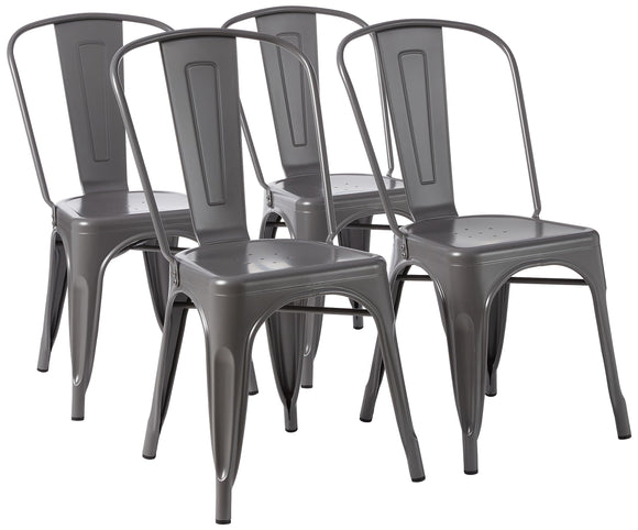 Amazon Basics Lot de 4 chaises de salle à manger empilables en métal avec dossier pour bistrot, cuisine, intérieur et extérieur, Gris Foncé, 51 x 43 x 85 cm