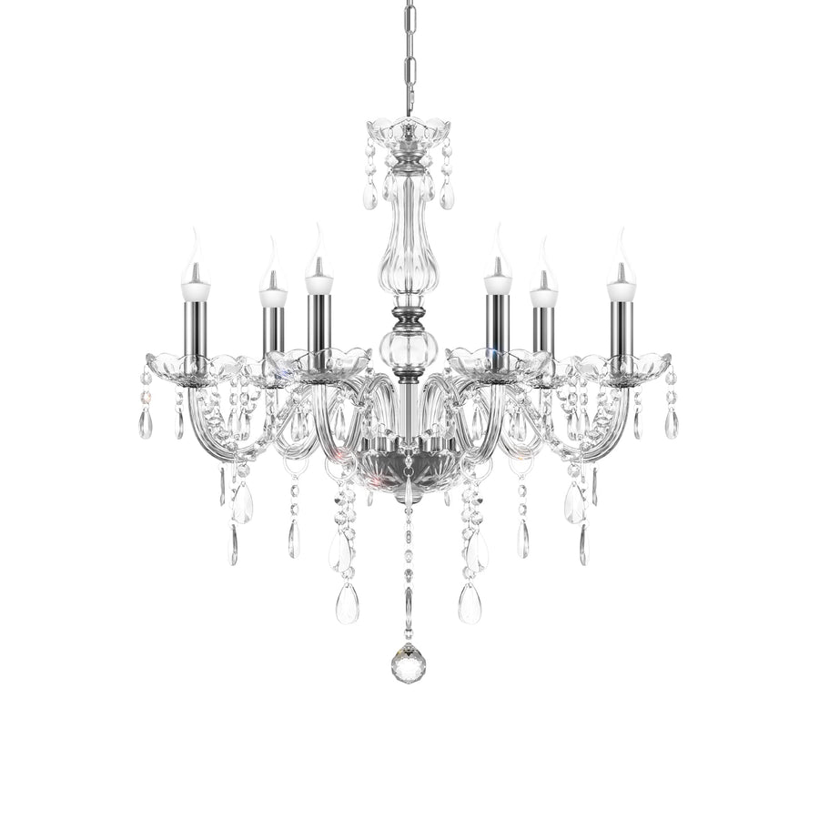 TRY-YEAN Lustre Baroque à 6 Bras Lustre Transparent Cristal K5 Lustre Pampille Suspension Lampe de Plafond avec Chaîne Réglable pour Chambre, Salon, Salle à Manger, Restaurant, E14