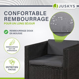 Juskys Salon de Jardin en polyrotin Lounge Punta Cana L, résistant aux intempéries - avec canapé, Fauteuil, Tabouret, Table & Coussins - 4-5 Personnes - Ensemble de Meubles de Jardin Noir/Gris