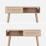 Alice's Home - Console en cannage 100x29x81cm - Bohème - Naturel. 1 tiroir.1 Espace de Rangement. Pieds scandinaves décor Bois. 1 poignée