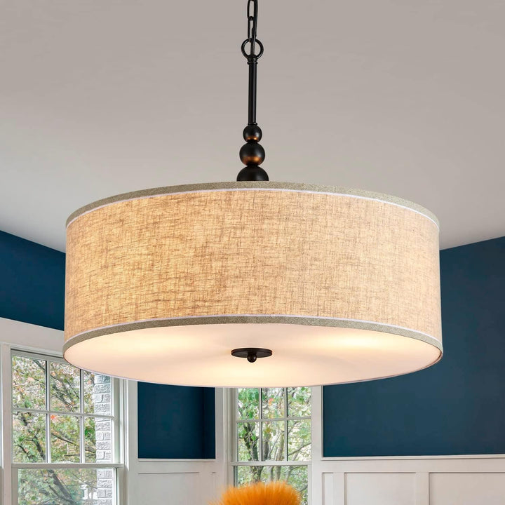 SHRINE Lighting Lustre tambour, suspension tambour pour salle à manger, D50 x H20 cm, chaînes réglables 59″, 3 douilles E27, abat-jour en tissu lin beige et tige noire SHRINE Lighting Lustre tambour, suspension tambour pour salle à manger, D50 x H20 cm, chaînes réglables 59″, 3 douilles E27, abat-jour en tissu lin beige et tige noire