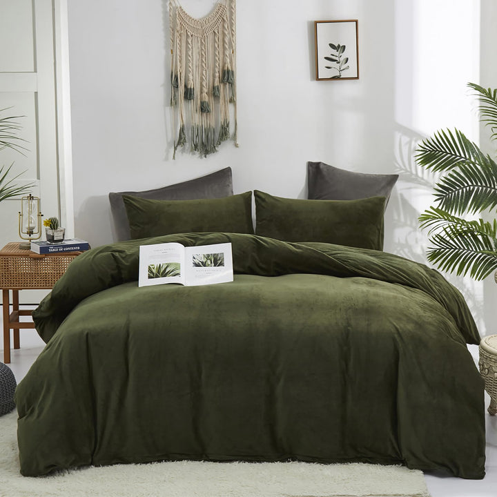 Cottonight Parure de lit 3 pièces en velours vert militaire – Literie pelucheuse vert olive – Couverture verte foncé, moderne d'hiver chaude pour homme et femme
