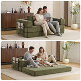 KOMHTOM Canapé-Lit Convertible Modulaire en Velours Côtelé, Canapé 3 Places, DIY Libre, Structure Métal, Porte-Gobelet et Rangement pour Petit Espace et Salon (Vert)