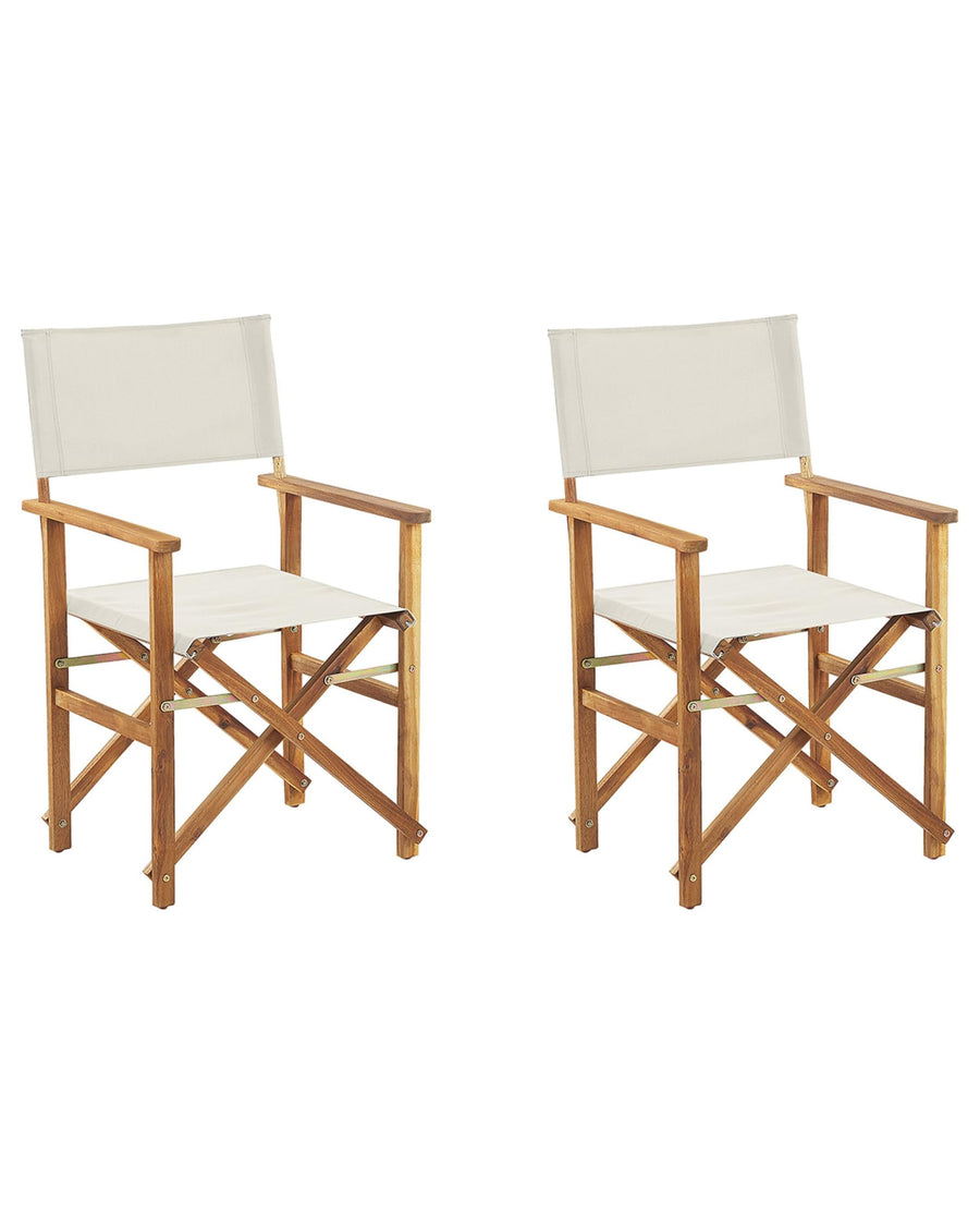 2 Chaises Fauteuils Metteur en Scène Pliantes en Bois Acacia Clair avec Accoudoirs et Assise Blanc Cassé Idéales pour Jardin Boho et Rétro Beliani