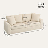 HOMCOM Canapé 3 Place Velours côtelé 212 cm, canapé Moderne avec 2 oreillers Inclus, Coussins à Ressorts, accoudoirs et Dossier rembourrés, Sofa pour Salon, Chambre, Bureau, crème