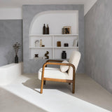 sweeek - Fauteuil scandinave Bois d'hévéa Finition Noyer Clair et Dossier Arrondi en Bouclette Blanche - Amelie