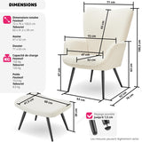 TecTake® Fauteuil Salon Confortable & Tabouret en Tissu bouclé Fauteuil Scandinave Moelleux avec Accoudoirs Chaise Ergonomique pour Salle à Manger, Chambre, Siege Bureau, Allaitement - Crème/Noir