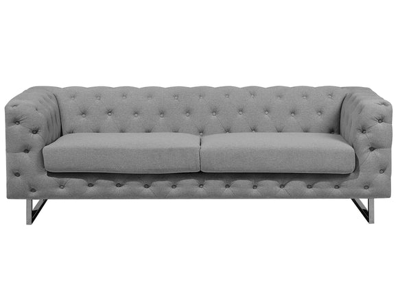 Canapé Fixe 3 Places Style Chesterfield Capitonnés en Tissu Gris Clair avec Pieds en Acier Inox Top Tendance pour Salon Chic et Glamour Beliani