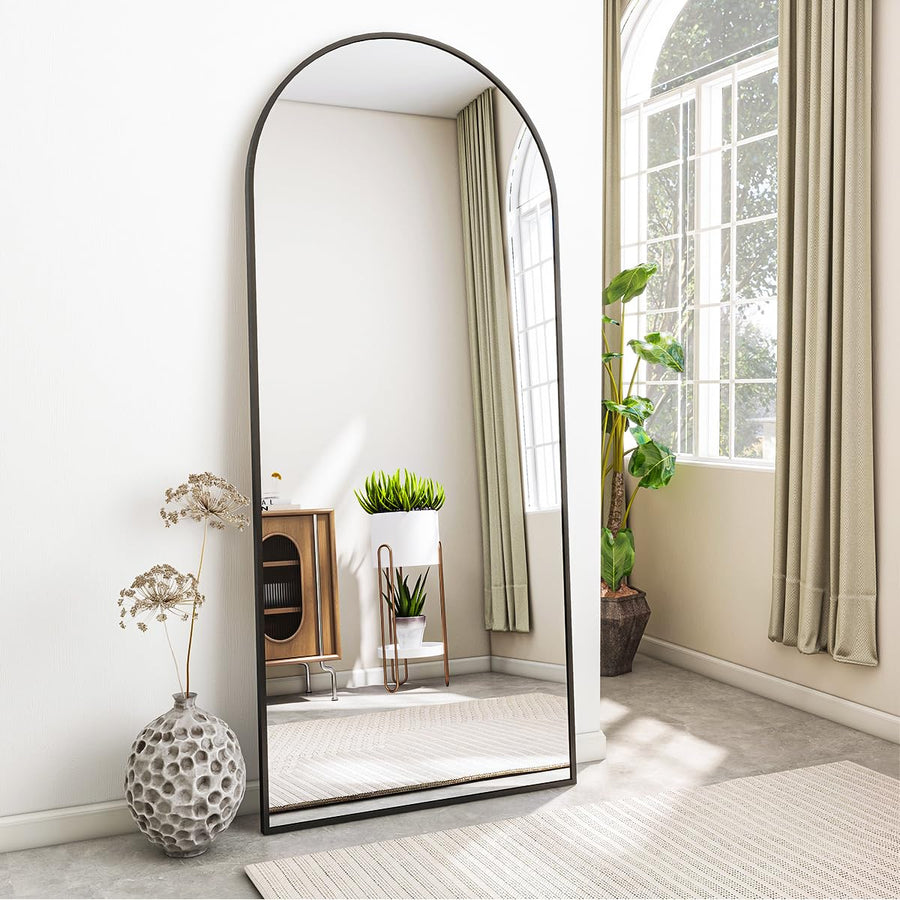 Koonmi Miroir sur pied avec dessus bombé, 171 x 76 cm, miroir arqué, avec verre robuste, miroir complet monté au mur, appuyé ou à placer librement avec pince, noir Koonmi Miroir sur pied avec dessus bombé, 171 x 76 cm, miroir arqué, avec verre robuste, miroir complet monté au mur, appuyé ou à placer librement avec pince, noir