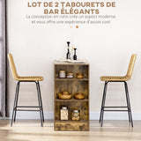 HOMCOM Lot de 2 tabourets de Bar Chaise de Bar Design bohème Hauteur 66 cm avec Repose-Pieds métal et Dossier cannage - Naturel