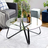 FurnitureR Table Basse, Table de Salon, Table Basse en Verre, Table Basse Ronde, Table Basse pour canapé, Chambre à Coucher, Structure en métal Solide, Noir + Transparent, 80 × 80 × 40 cm