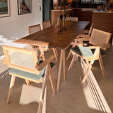 HOMIFAB Chaise en Bois Massif, cannage Naturel et Velours côtelé Vert - Lina