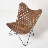 HOMESCAPES Fauteuil Papillon en Cuir véritable Marron Losanges et métal, Chaise en Cuir Vintage, Fauteuil rétro, 88 x 77 cm