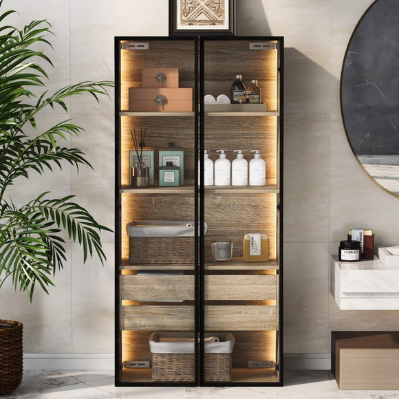 KOMHTOM Armoire de Rangement LED pour Salle de Bain avec Portes en Verre, Meuble Rangement Salle de Bain avec tiroirs Armoire de Toilette Moderne et Minimaliste vitrine en Verre (1)