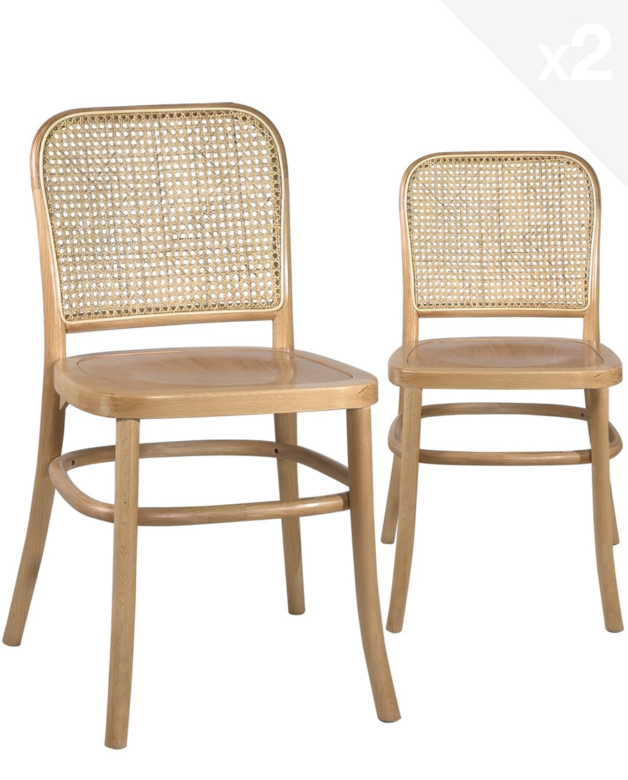 KAYELLES Lot de 2 chaises Design Vintage Bois Massif et rotin Naturel MENO