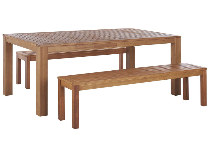 Ensemble Repas de Jardin 6 Places Table et 2 Bancs en Bois d Ensemble Repas de Jardin 6 Places Table et 2 Bancs en Bois d'Eucalyptus Clair pour Jardin ou Terrasse Rustique Monsano Beliani