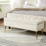 HULALA HOME Banc de Rangement Moderne en Velours avec Base dorée et Garniture cloutée, Banc de Chambre rembourré pour Bout de lit, Repose-Pieds capitonné pour entrée, Salon, Salle à Manger,Blanc