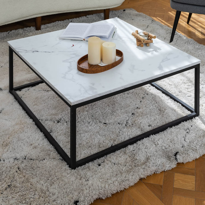 MEUBLE COSY Design Moderne Table Basse de Salon Carré Effet Marbré Structure en métal, Style Industriel, Blanc et Noir, 80x80x34cm MEUBLE COSY Design Moderne Table Basse de Salon Carré Effet Marbré Structure en métal, Style Industriel, Blanc et Noir, 80x80x34cm