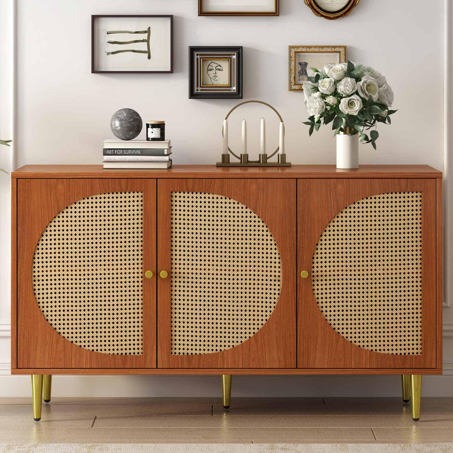 KOMHTOM Buffet en rotin - Armoire de rangement polyvalente avec trois portes et séparateurs amovibles - Armoire de rangement pour salon, chambre à coucher (noyer)
