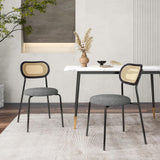 COSTWAY Lot de 2 Chaises de Salle à Manger en Rotin, Siège Ronde Rembourrée en Tissu de Lin, Design Cannage, Chaise Cuisine Hauteur d’Assise 46 cm, 4 Pieds en Métal, Style Bohême