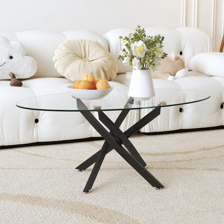 GOLDFAN Table basse ovale en verre avec pieds en métal noir, table centrale moderne en verre trempé transparent pour salon, bureau ou appartement GOLDFAN Table basse ovale en verre avec pieds en métal noir, table centrale moderne en verre trempé transparent pour salon, bureau ou appartement