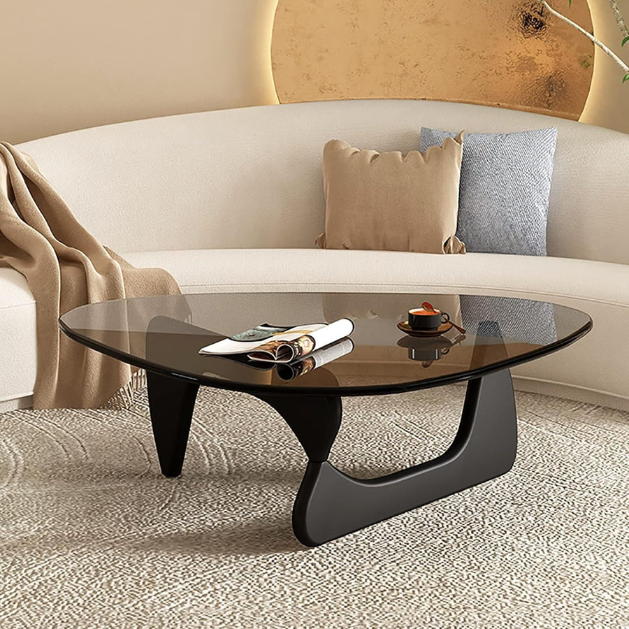 MZBDYYF Table Basse Triangulaire Moderne du Milieu du siècle avec Dessus en Verre et Base en Bois pour Le Salon - Conception Ovale rétro pour Le Bureau à Domicile - Finition Brune Naturelle